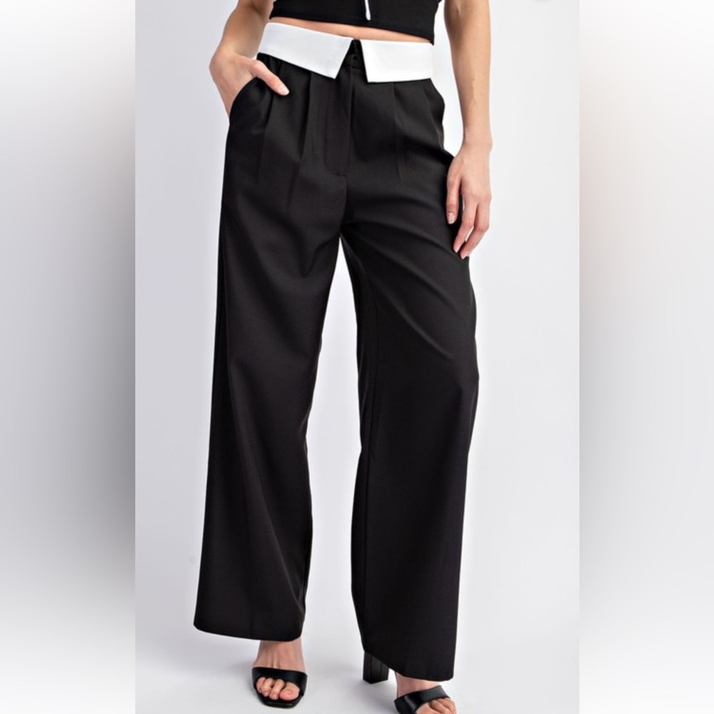 Wide Leg Black Pants with White Waistband NEW